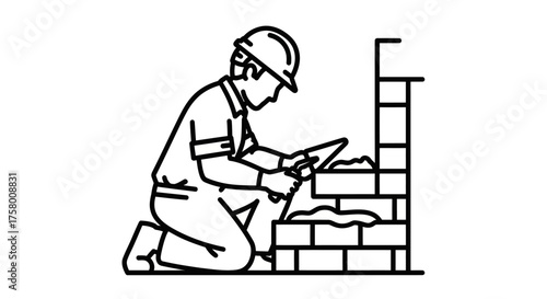 Line Art of Bricklayer Building a Brick Wall with Trowel.