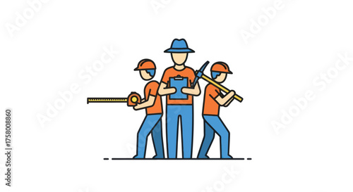 Three Workers with Tools: Teamwork and Labor Illustration.