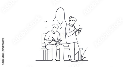Two people sitting and standing outdoors using digital devices line art illustration.