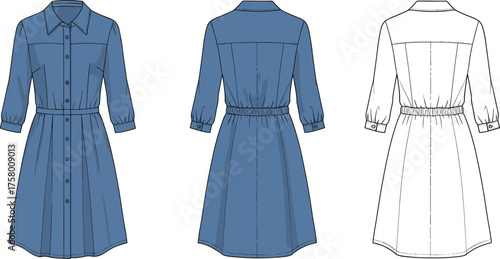Women’s shirt dress flat vector illustration, button front dress design with collar, elastic waistband and three quarter sleeves style