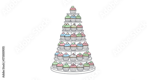 Tall Multi-Tiered Cupcake Stand with Colorful Frosted Desserts.
