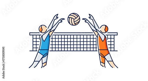 Volleyball Players Spiking Ball Over Net Illustration.