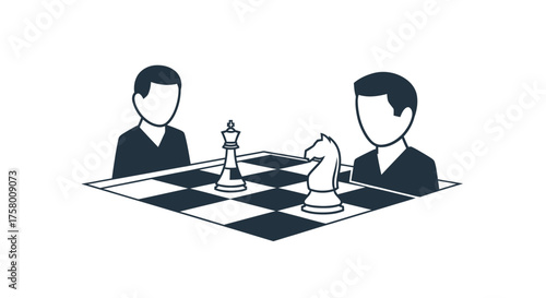 Two stylized players engaged in a strategic chess game.