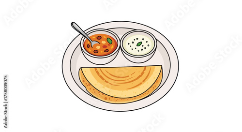 Delicious South Indian Dosa with Sambar and Coconut Chutney.