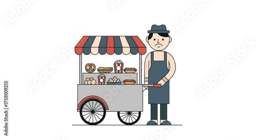 Cartoon Street Vendor with Food Cart and Apron.