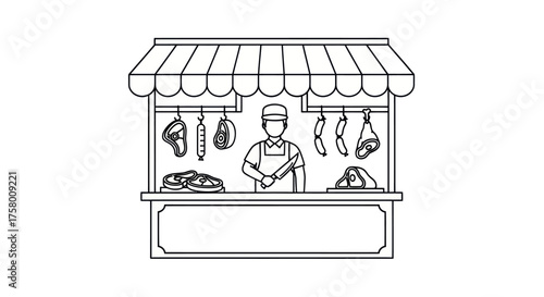 Butcher Shop Stall with Meats and a Butcher Holding a Cleaver.