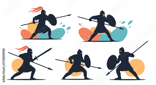 Illustrations of medieval warriors in combat poses with shields and spears.