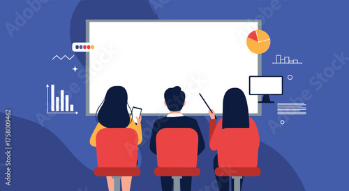 Three people attending a presentation with a whiteboard and charts in a modern office setting.