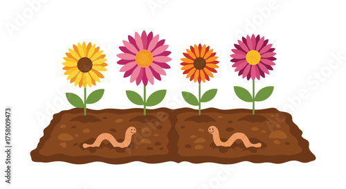 Discover the secret garden world with blooming flowers and wiggly worms below.