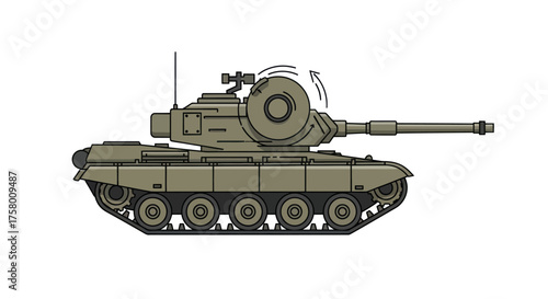 Military Olive Green Tank with Rotating Turret and Cannon.