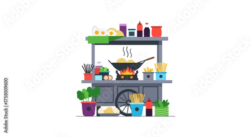 Vibrant Asian Street Food Cart with Wok Cooking.