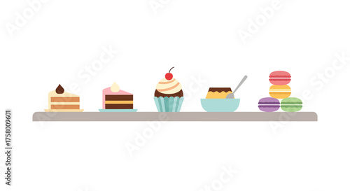 Assortment of Colorful Desserts Displayed on a Shelf Sweet Treats.