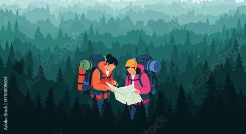 Two hikers with large backpacks study a map in a misty evergreen forest.