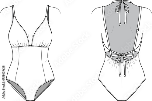 One piece swimsuit flat vector illustration, women’s swimwear design template with adjustable straps, tie back detail and stylish contour seams