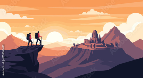 Two adventurers stand on a cliff overlooking a vast mountain landscape with a majestic ancient city in the distance at sunset.