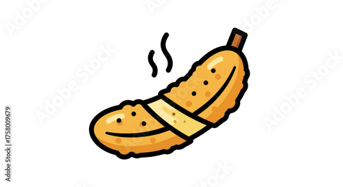 A golden-brown deep-fried pickle spear with a band of batter wrapped around its middle emitting steam.