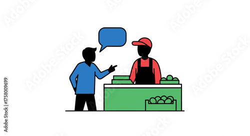 Customer Talking to Fruit Vendor at Market Stall.