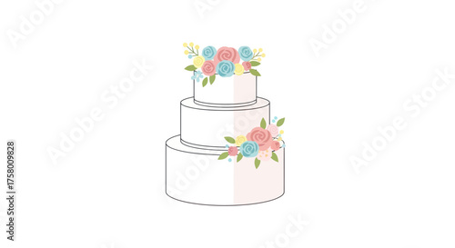 Three-tiered White Wedding Cake Illustration with Colorful Flowers.