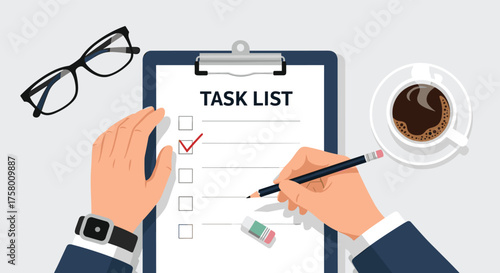 The process of completing tasks on a checklist with a pencil and coffee nearby.