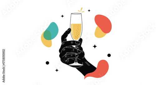 A hand holding a champagne flute filled with a bubbly golden liquid and surrounded by abstract colorful shapes and small black dots symbolizing celebration and good times.
