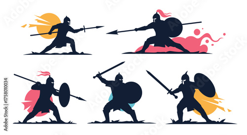 Silhouettes of warriors in combat ready to strike with spears and swords.