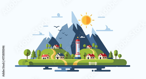 A picturesque mountain village scene with a lighthouse and sunny skies.