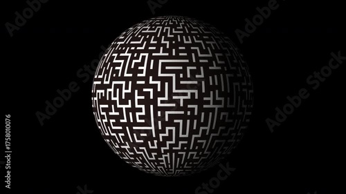 Exploring an intricate maze pattern on a rotating sphere in a dark setting