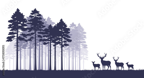 A herd of majestic deer peacefully graze near a dense forest of pine trees in silhouette.
