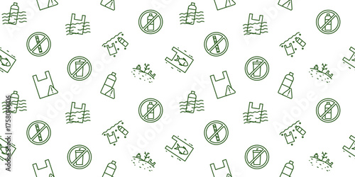 Seamless pattern of plastic waste icons: ban single-use plastic bags, bottles, and litter for eco-friendly design & zero-waste living promotion