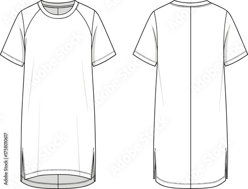 Long t-shirt technical flat sketch, oversized tunic top fashion template, casual women’s crew neck short sleeve vector illustration design