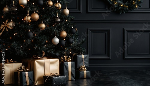 Elegant christmas tree with black and gold ornaments and presents