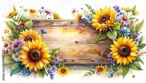 Watercolor sunflowers and wildflowers frame a rustic wooden sign with a bright sky image photo
