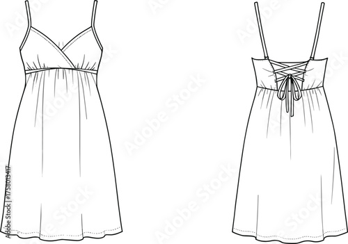 Elegant summer women dress design, sleeveless fashion apparel front and back view, lace-up back detail, stylish garment sketch, clothing template, CAD drawing flat vector illustration