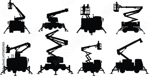 Aerial lift and cherry picker silhouette set, industrial boom lift vector, construction equipment silhouettes, elevated work platform imagery, maintenance access illustration