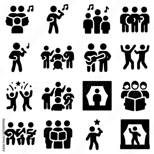 Musical Ensemble Icons: A comprehensive set of illustrative icons showcasing various musical ensembles, from vocal groups to instrumental bands, and solo performers.