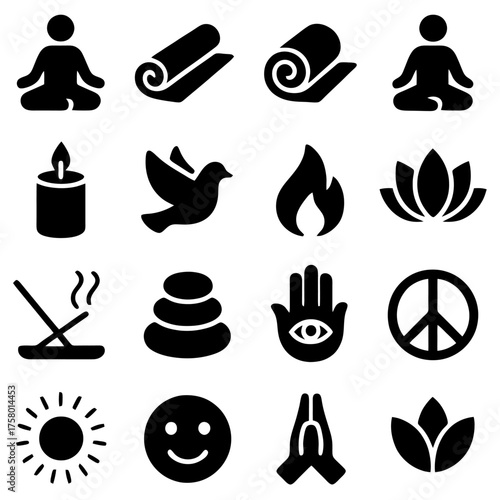 Serene Symbolism: An array of peaceful icons representing mindfulness and spiritual practices, a visual journey into the realms of yoga, meditation, and tranquility. 