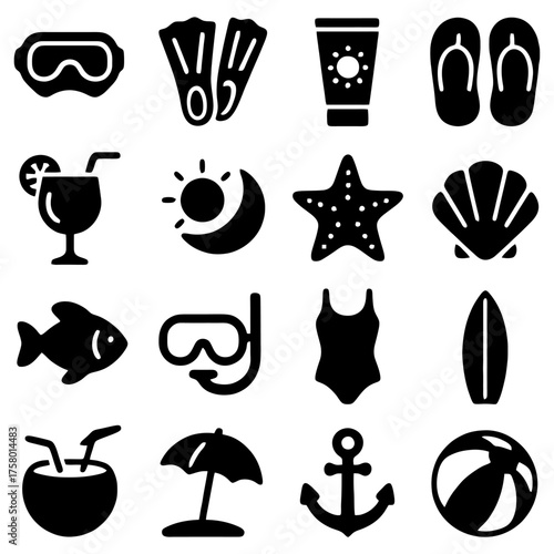 Summer Essentials: A collection of iconic icons embodies the essence of summer, portraying the thrill and serenity of beachside adventures.