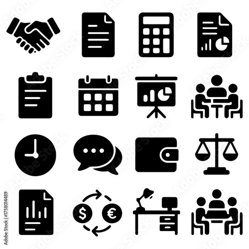 Business Icons Set: A comprehensive collection of business-related icons, perfect for illustrating various aspects of the corporate world, representing concepts like agreement, documentation.