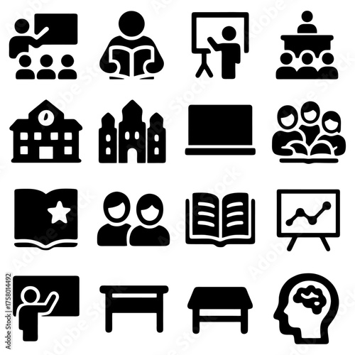Education Icons: A collection of educational icons, including elements like classrooms, books, and diagrams, signifying the diverse aspects of learning, knowledge, and educational institutions.