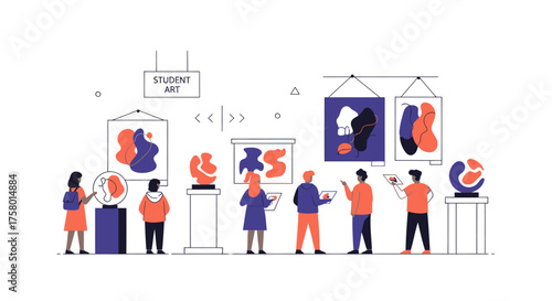 People Viewing Abstract Artworks in a Gallery Setting.