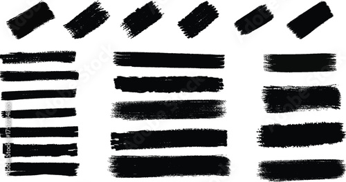 Collection of black grunge brush stroke textures and elements for artistic design and abstract backgrounds