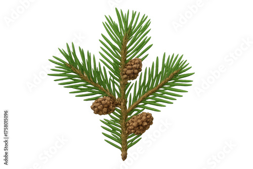 Pine branch with cones on transparent background