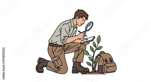 Scientist examining a small plant with a magnifying glass and notebook.