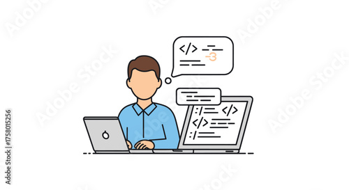 Cartoon Programmer Coding on Laptop with Code Snippets.