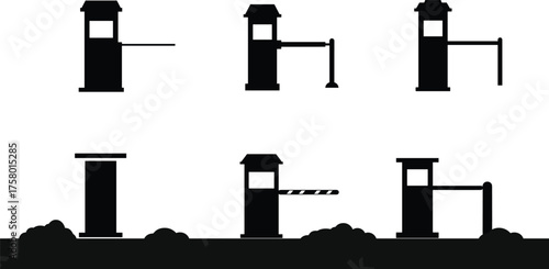  Barrier gate silhouette vector, parking control system, toll booth equipment, access restriction, striped arm, bollard design, security checkpoint, entry management illustration