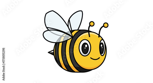 Adorable cartoon bee with black and yellow stripes and transparent wings.