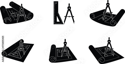  Blueprint and drafting tool icons, compass and ruler graphics, black vector illustration, architecture and engineering symbols, technical drawing equipment, design layout visuals