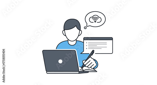 Person working on laptop with cloud and Wi-Fi symbol in thought bubble.