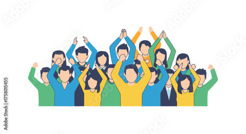 Cheerful Group of People Raising Arms in Celebration.