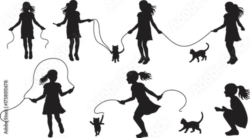 Playful silhouette vector illustration of girl skipping rope with cat, dynamic child pet interaction, fun activity, companionship, childhood joy